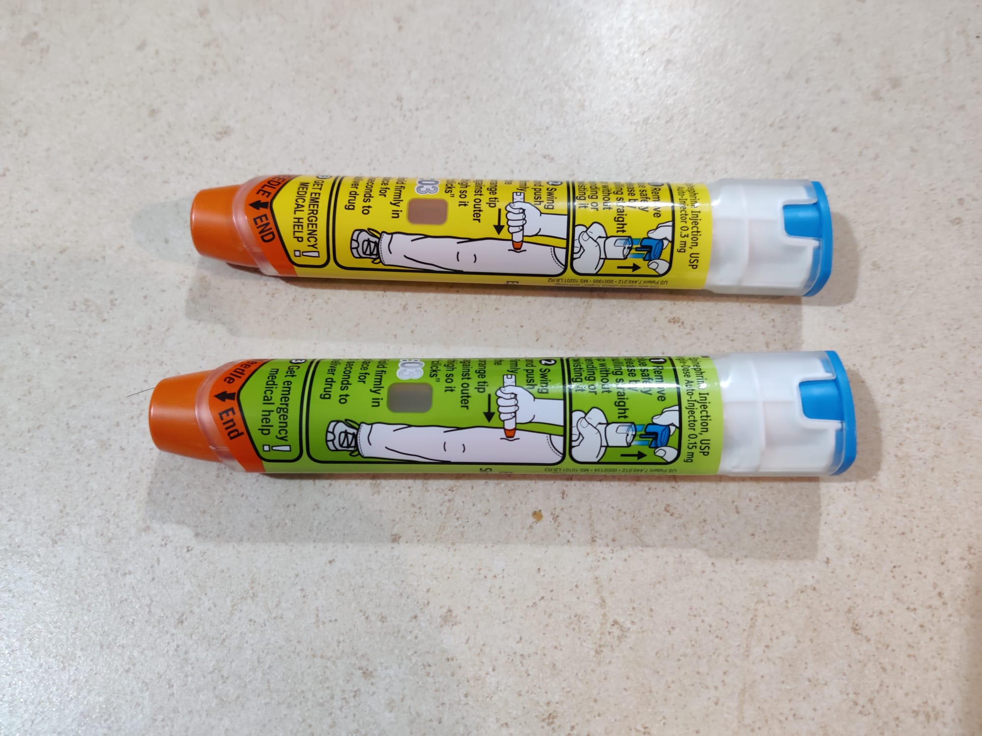 Child green and adult yellow EpiPen auto injection devices