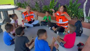 Gaby and Luis working with the children on the straw breathing exercise 300x169 1