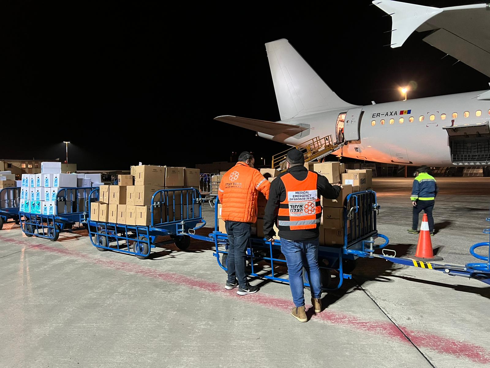 The cargo flight sponsored by the Helmsley Foundation being offloaded in Kosice 1